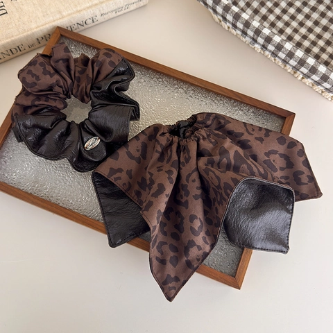Leopard Print PU Leder Patchwork Haargummi Große Haarbänder Für Damen Retro Korean Style Haarschmuck