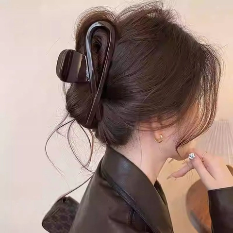 Pince à Cheveux Style Français Grande Brillante en Acrylique Brun Chocolat Nœud Papillon Tenue Forte Accessoire Cheveux Femme