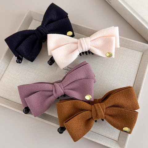 Elegante Fluweel Strik Bananenclip Voor Dames Koreaanse Stijl Wol Textuur Verticale Paardenstaart Houder Goud Label Haaraccessoire