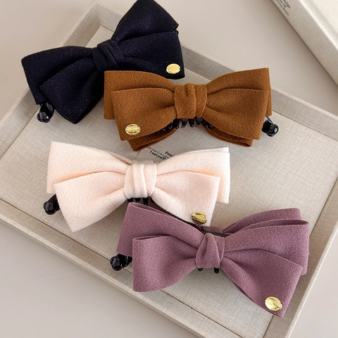 Elegante Fluweel Strik Bananenclip Voor Dames Koreaanse Stijl Wol Textuur Verticale Paardenstaart Houder Goud Label Haaraccessoire