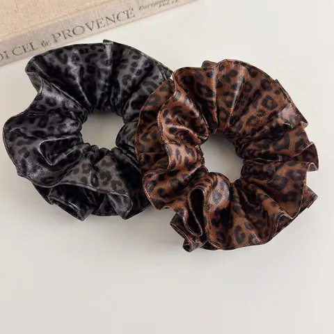 Coletero Grande Estilo Coreano Vintage con Estampado de Leopardo Cuero PU Anillo de Pelo Elástico Soporte para Moño Accesorios