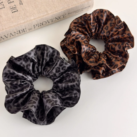 Coletero Grande Estilo Coreano Vintage con Estampado de Leopardo Cuero PU Anillo de Pelo Elástico Soporte para Moño Accesorios