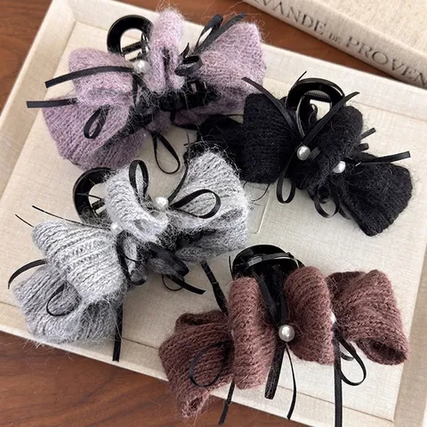 Pince à Cheveux Nœud en Tricot Style Coréen Automne Hiver pour Femmes Elégante Perle Artificielle Laine à Tricoter Accessoires de Cheveux