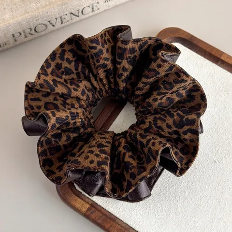 Coletero de Pelo Extragrande de Tela con Estampado de Leopardo y Cuero PU Patchwork Vintage Coreano Accesorio para Mujer