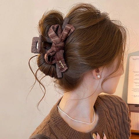 Molla per Capelli Grande Fiocco per Donna Maillard Tessuto a Quadri Marroni Fatto a Mano Elegante Accessori per Capelli Copricapo