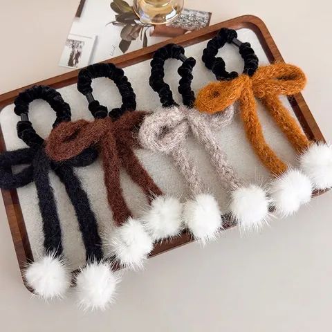 Herbst Winter Süß Wollgarn Schleife Haargummi Mit Weiß Kunstpelz Ball Süß Handgefertigt Strick Haarseil Für Damen Mädchen