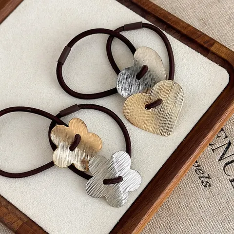 Coleteros para Mujer Metal Cepillado Corazón Flor Estilo Coreano Simple Banda Elástica Accesorios para el Cabello