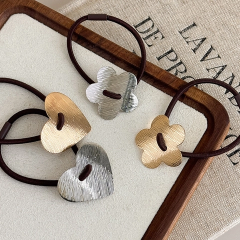 Coleteros para Mujer Metal Cepillado Corazón Flor Estilo Coreano Simple Banda Elástica Accesorios para el Cabello