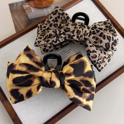 Pinza per Capelli con Fiocco Leopardato Vintage Francese in Tessuto Grande Fermaglio per Capelli Donna Elegante Accessorio