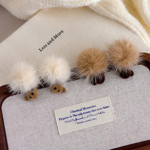 Winter Cute Bear Pom Pom Stud Earrings Flocking Resin Furry Ball Ear Jewelry For Women Sweet Style Earrings