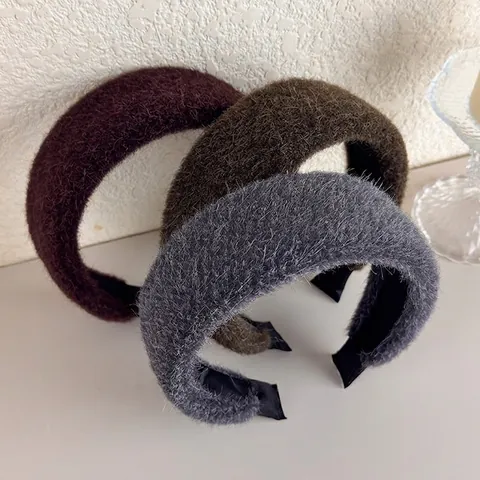 Autumn Winter Fine Plush Thickened Wide Brim Headband Women Elegant High Skull Top Design Solid Color Hair Accessory