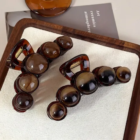 Grande Pince à Cheveux Rétro en Acrylique avec Perles Sphériques Élégante Ambre Marron Résine Pince Requin pour Femmes Accessoires Cheveux