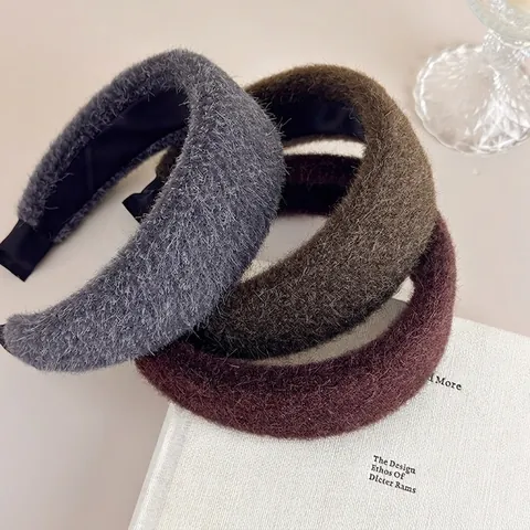 Autumn Winter Fine Plush Thickened Wide Brim Headband Women Elegant High Skull Top Design Solid Color Hair Accessory