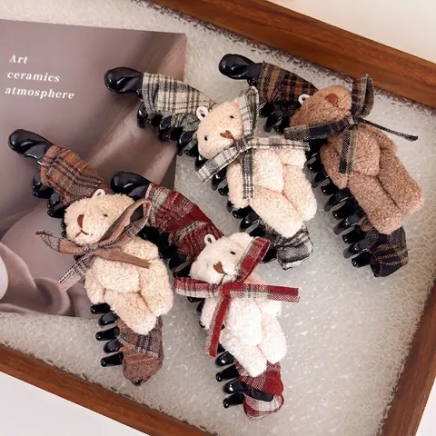 Maillard Quadri Stoffa Fiocco Peluche Orsetto Clip a Banana per Capelli Stile Coreano Retro Autunno Inverno Clip Verticale Donna Accessori