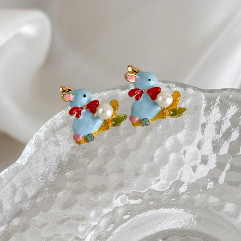 Cute Light Blue Enamel Bunny Stud Earrings With Round Artificial Pearl Red Bow Rhinestone Alloy Cartoon Animal Jewelry For Women