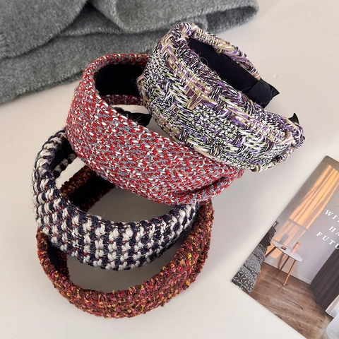 Französischer Vintage Tweed Haarreif Breit Damen Verdickter Schwamm Gewebtes Haarband Elegantes Täglich Mode Haarschmuck