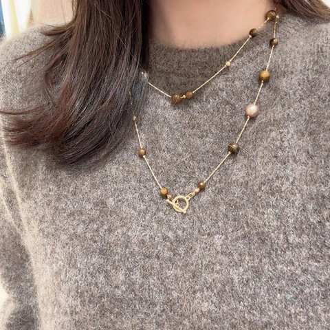 Collana Vintage A Strati Pietra Occhio Di Tigre Perla Artificial Sintetica Catena Oro Acciaio Inossidabile Chiusura A Barra Donna