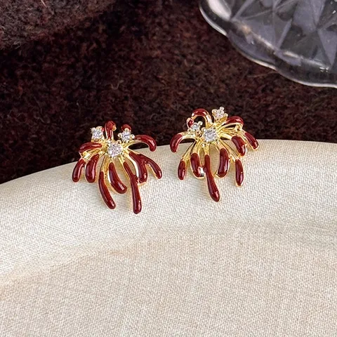 Orecchini a Bottone a Forma di Fiore di Fuoco Con Smalto Rosso Vino E Zirconia Base in Rame Gioielli Vintage per Donna