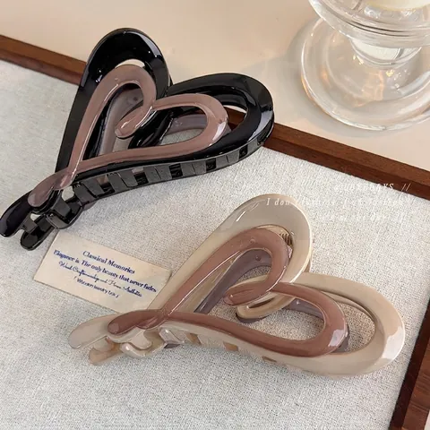 Grote Hart Haarklem Voor Dames Dubbele Laag Hol Geverfd PS Haarspeld Koffie Met Melk Zwart Elegante Haaraccessoires