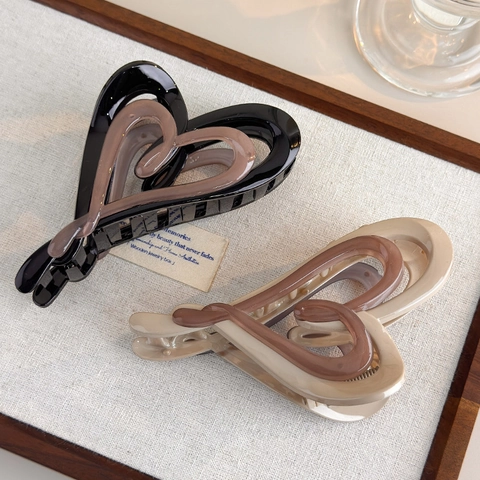 Grote Hart Haarklem Voor Dames Dubbele Laag Hol Geverfd PS Haarspeld Koffie Met Melk Zwart Elegante Haaraccessoires