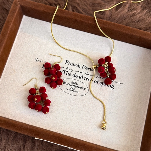 Burgunderrote Beflockte Traube Anhänger Halskette Gold Schlangenkette Retro Süße Harz Beere Ohrringe Für Damen Schmuck
