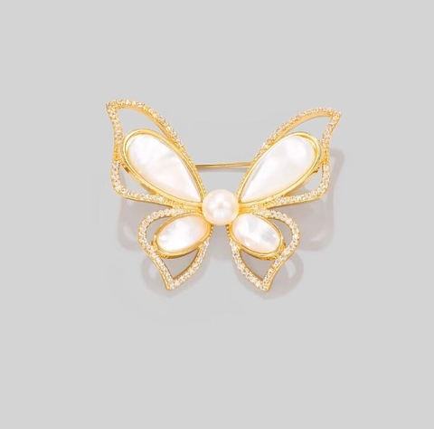 Elegante Broche De Mariposa Con Nácar Y Zirconia Vintage Tono Dorado Perla Artificial Pin De Corsé Para Accesorio De Traje Mujer