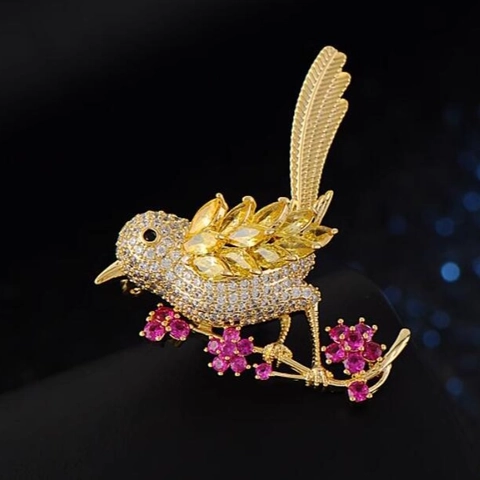 Spilla Vintage in Oro con Uccello su Ramo in Lega e Strass Spilla a Fiore Elegante in Zircone per Gioielli da Banchetto Donna