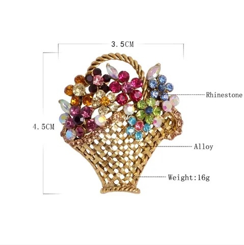 Spilla Cesto di Fiori Stile Palazzo Vintage Lega Strass Multicolore Svuotato Intreccio Donna Elegante Abbigliamento Accessorio Spilla