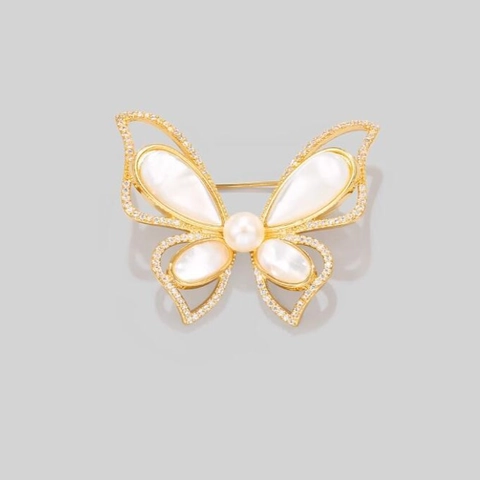 Elegante Broche De Mariposa Con Nácar Y Zirconia Vintage Tono Dorado Perla Artificial Pin De Corsé Para Accesorio De Traje Mujer