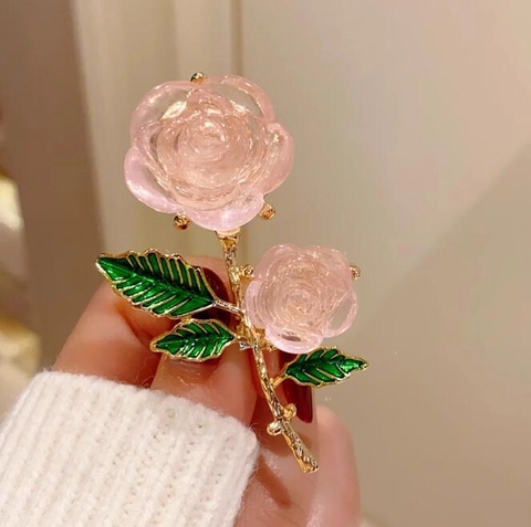 Vintage Pink Rose Flower Brooch Alloy Resin Enamel Floral Breastpin For Women Wedding Banquet Party Elegant Decoration Jewelry