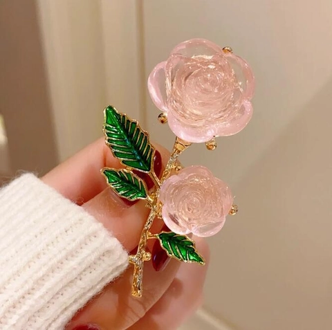 Vintage Pink Rose Flower Brooch Alloy Resin Enamel Floral Breastpin For Women Wedding Banquet Party Elegant Decoration Jewelry