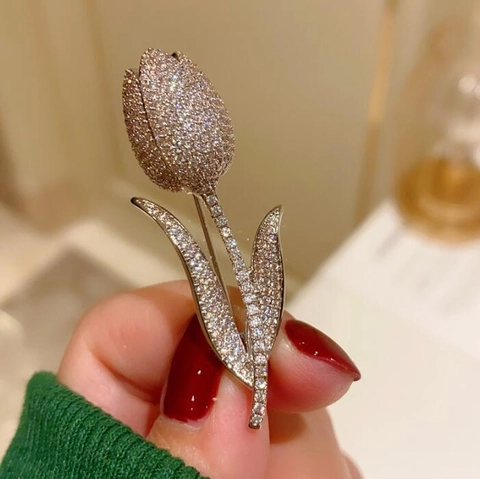 Elegant French Style Tulip Flower Bouquet Brooch For Women Zinc Alloy Full Pave Rhinestone Pin For Coat Suit Dress Fashion Jewelry