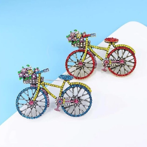 Spilla Vintage a Forma di Bicicletta in Lega Con Cesto di Fiori in Strass Colorati Gioielli di Moda per Abito Borsa Donna Uomo