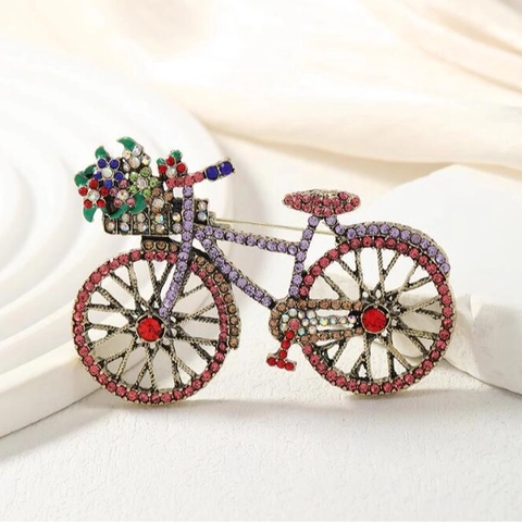 Spilla Vintage a Forma di Bicicletta in Lega Con Cesto di Fiori in Strass Colorati Gioielli di Moda per Abito Borsa Donna Uomo