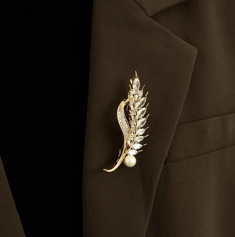 Broche de Perlas Artificiales de Espiga de Trigo Aleación Zircón Elegante Strass Corsage Pin Para Mujeres Boda Fiesta Banquete Ropa Formal