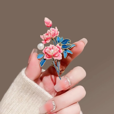 Broche de Aleación de Peonía de Estilo Chino Vintage Con Perla Artificial Esmalte Elegante Joyería de Corsage Floral Regalo