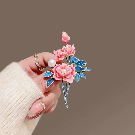 Broche de Aleación de Peonía de Estilo Chino Vintage Con Perla Artificial Esmalte Elegante Joyería de Corsage Floral Regalo