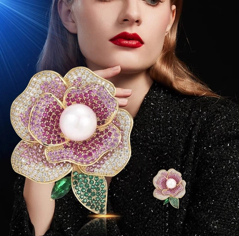 Elegant Alloy Camellia Flower Brooch For Women With Large Artificial Pearl And Rhinestone Luxury Vintage Rose Corsage For Wedding Party