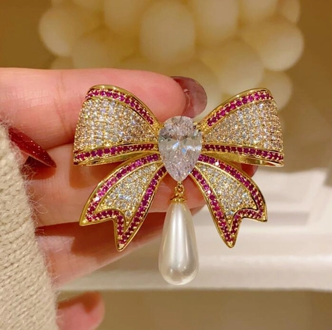 Spilla a Fiocco di Lusso Francese Vintage per Donna Ciondolo in Perla Artificiale in Lega Elegante Spilla per Abito