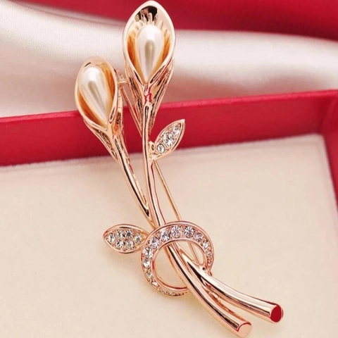 Elegante Spilla a Tulipano a Calla per Donna Oro Rosa Argento Lega Perla Artificiale Strass Matrimonio Banchetto Gioielli