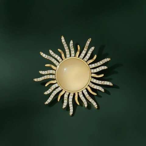 Broche de Aleación de Lujo Con Forma de Sol Con Piedra Ojo de Gato y Diamantes de Imitación Joyería Elegante Dorada Para Mujer