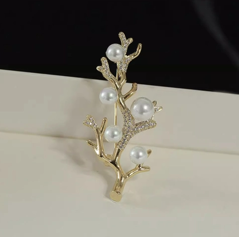 Elegante Broche De Rama De Aleación Dorada Con Perla Artificial Y Strass Para Mujeres Joyería Vintage Boda Banquete Regalo