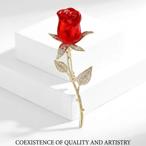 Elegant Alloy Rhinestone Rose Flower Brooch For Women Fashion Jewelry Gold Plated Long Pin Plant Brooch Pin Valentine Gift