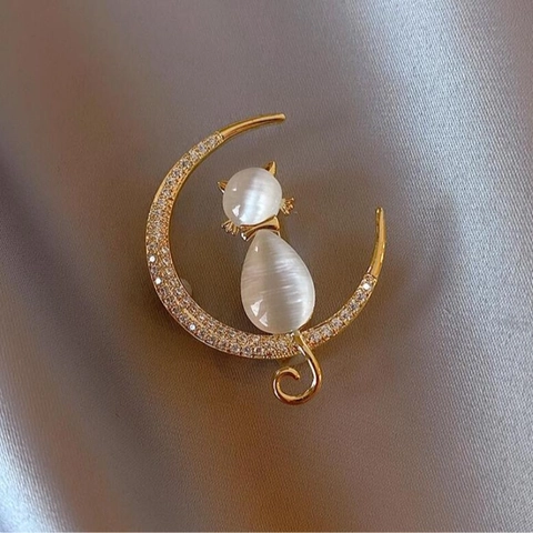 Élégante Broche Chat Lune en Alliage Avec Strass et Pierre de Chat Artificielle Plqué Or Accessoire de Bijoux de Mode pour Femmes