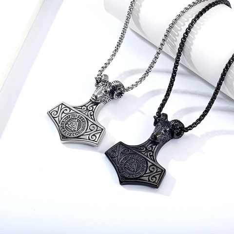 Collar De Colgante Vintage Vikingo Martillo De Thor Mjölnir Para Hombre Acero Inoxidable Valknut Runa Cabeza De Carnero Joyería Pagana