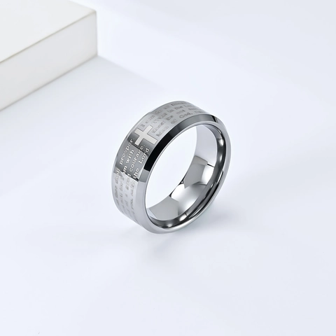 Bague en Acier au Tungstène Pour Hommes Avec Croix et Versets Bibliques Gravés au Laser Anneau Poli Bijoux Religieux Chrétiens