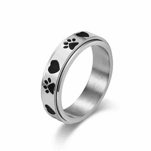 Stainless Steel Spinner Ring For Anxiety Stress Relief Cute Paw Print Heart Pattern Band Ring For Women Men Unisex Jewelry