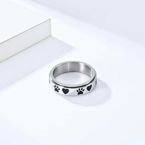 Stainless Steel Spinner Ring For Anxiety Stress Relief Cute Paw Print Heart Pattern Band Ring For Women Men Unisex Jewelry