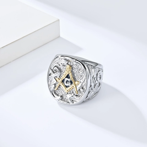 Bague Maçonnique Vintage en Acier Inoxydable pour Hommes Équerre Compas Logo G Rétro Brotherhood Band Chevalière Relief