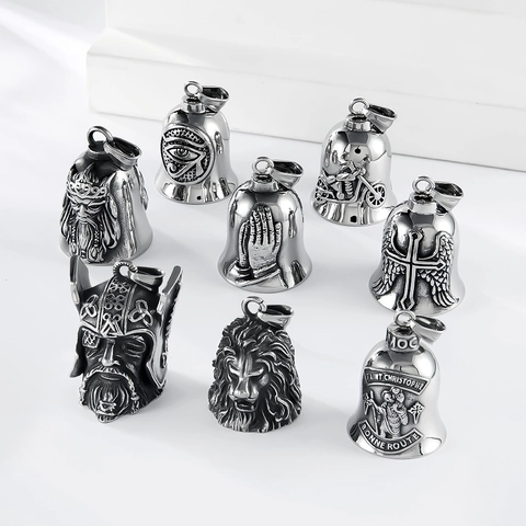 Stainless Steel Guardian Bell Pendant Necklace Men Retro Viking Odin Lion Prayer Hands Eye Of Horus Cross Punk Jewelry